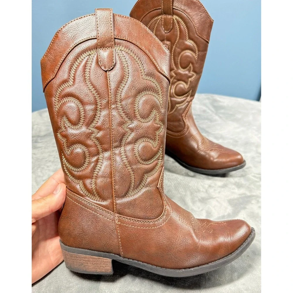 Cat Jack Girls Cowboy Boots 5 Brown Embroidered Western Zip Up